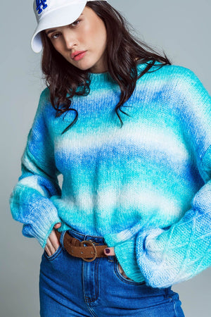 Q2 Women's Sweater One Size / Blue Relaxed Sweater With Ombre Print In Shades Of Blue And Argyle Print At The Sleeves