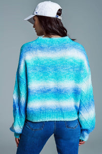 Q2 Women's Sweater One Size / Blue Relaxed Sweater With Ombre Print In Shades Of Blue And Argyle Print At The Sleeves