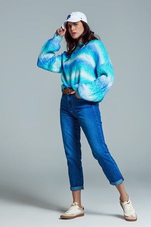 Q2 Women's Sweater One Size / Blue Relaxed Sweater With Ombre Print In Shades Of Blue And Argyle Print At The Sleeves