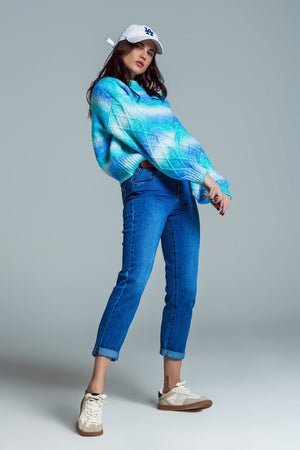 Q2 Women's Sweater One Size / Blue Relaxed Sweater With Ombre Print In Shades Of Blue And Argyle Print At The Sleeves