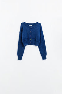 Q2 Women's Sweater One Size / Blue Short And Fluffy Navy Cardigan With Flower Buttons