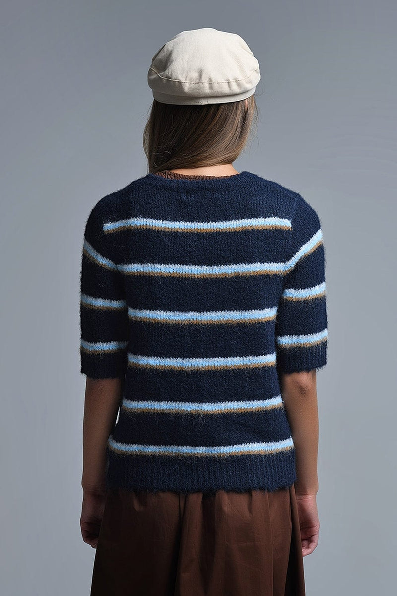 Q2 Women's Sweater One Size / Blue Short Sleeve Embroidered Love Sweater In Navy