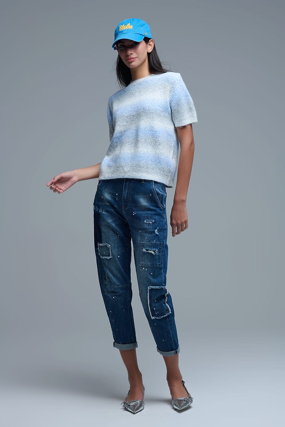 Q2 Women's Sweater One Size / Blue Short Sleeve Ombré Striped Sweater In Blue