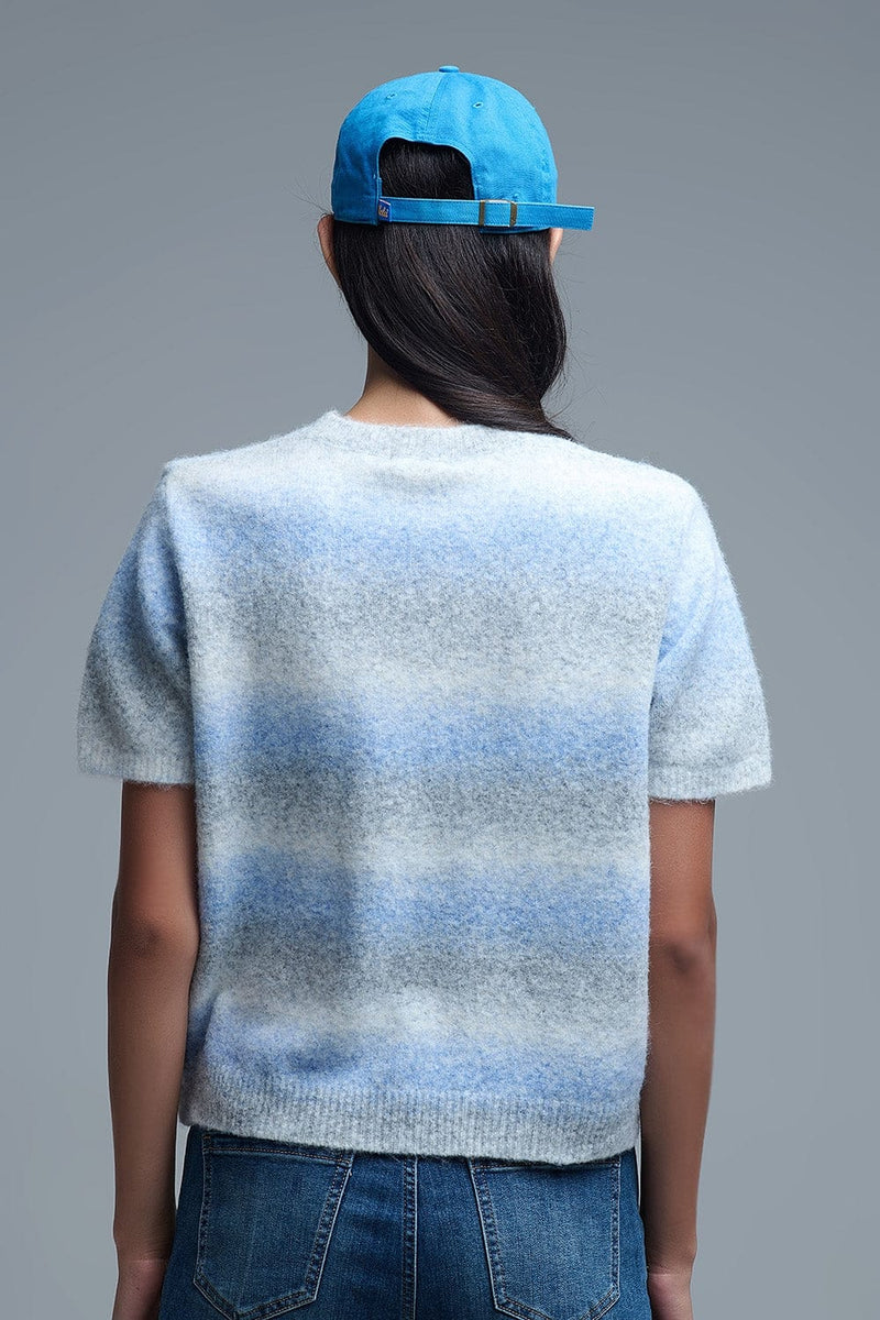 Q2 Women's Sweater One Size / Blue Short Sleeve Ombré Striped Sweater In Blue