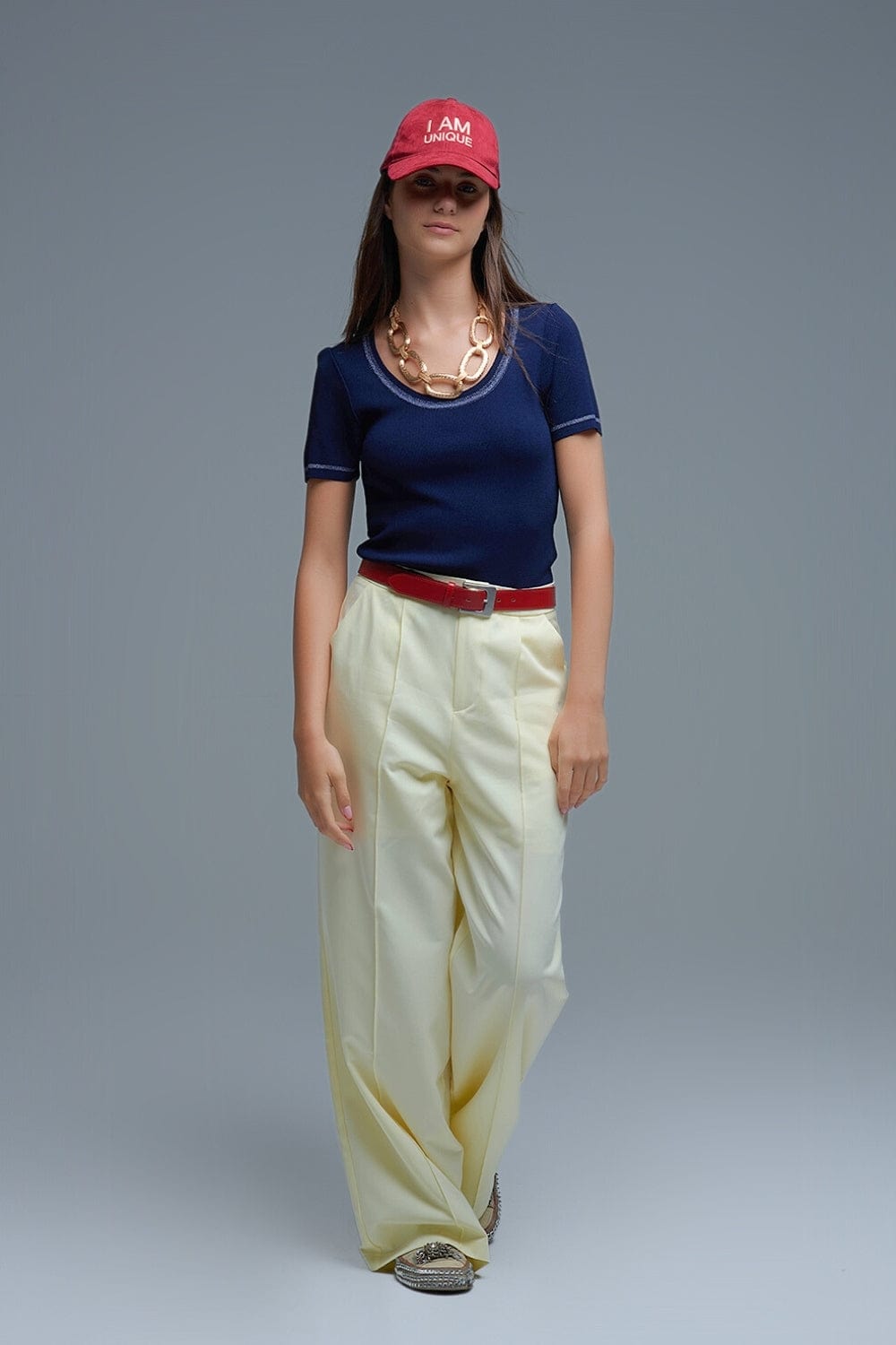 Q2 Women's Sweater One Size / Blue Short Sleeve Sweater In Navy With Silver Seam At Round Neck