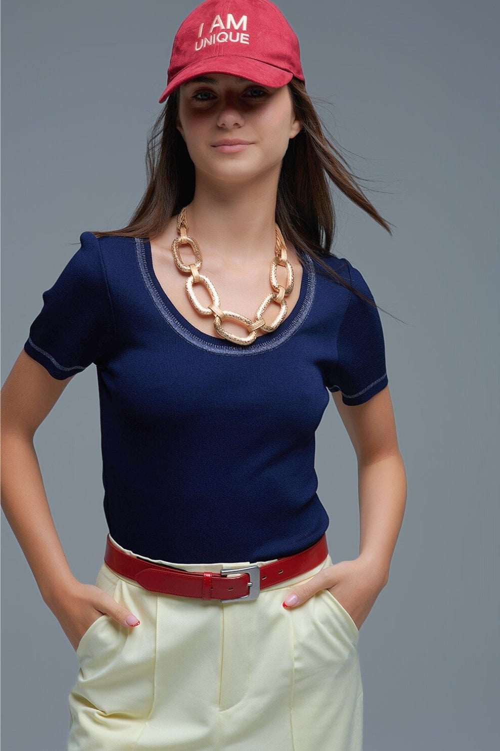 Q2 Women's Sweater One Size / Blue Short Sleeve Sweater In Navy With Silver Seam At Round Neck