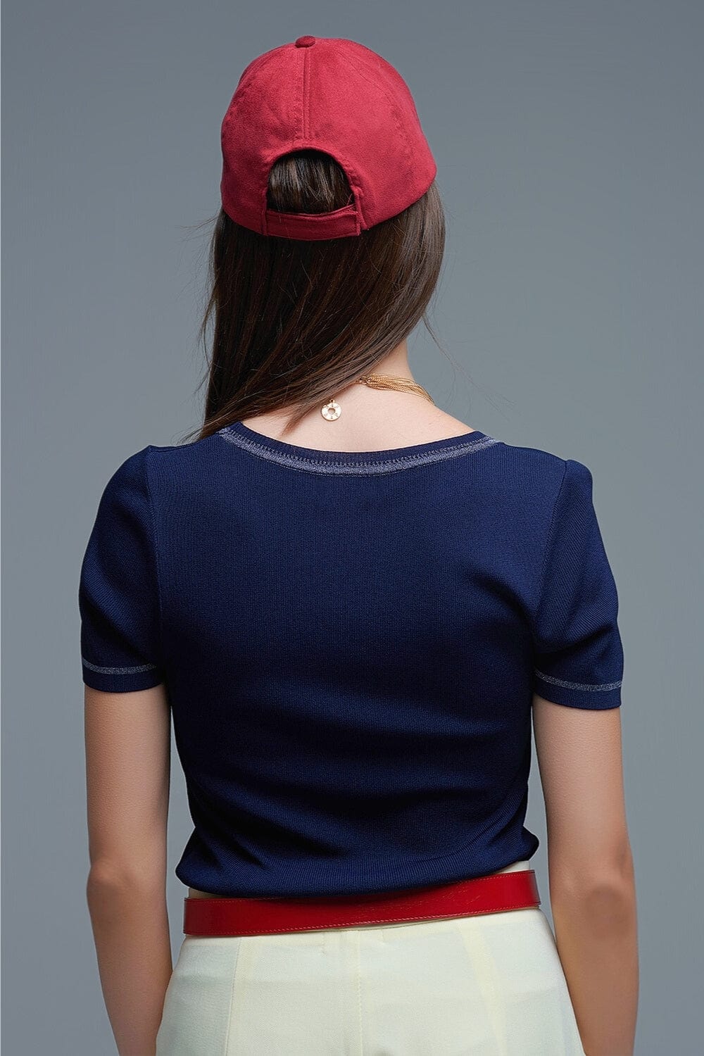 Q2 Women's Sweater One Size / Blue Short Sleeve Sweater In Navy With Silver Seam At Round Neck