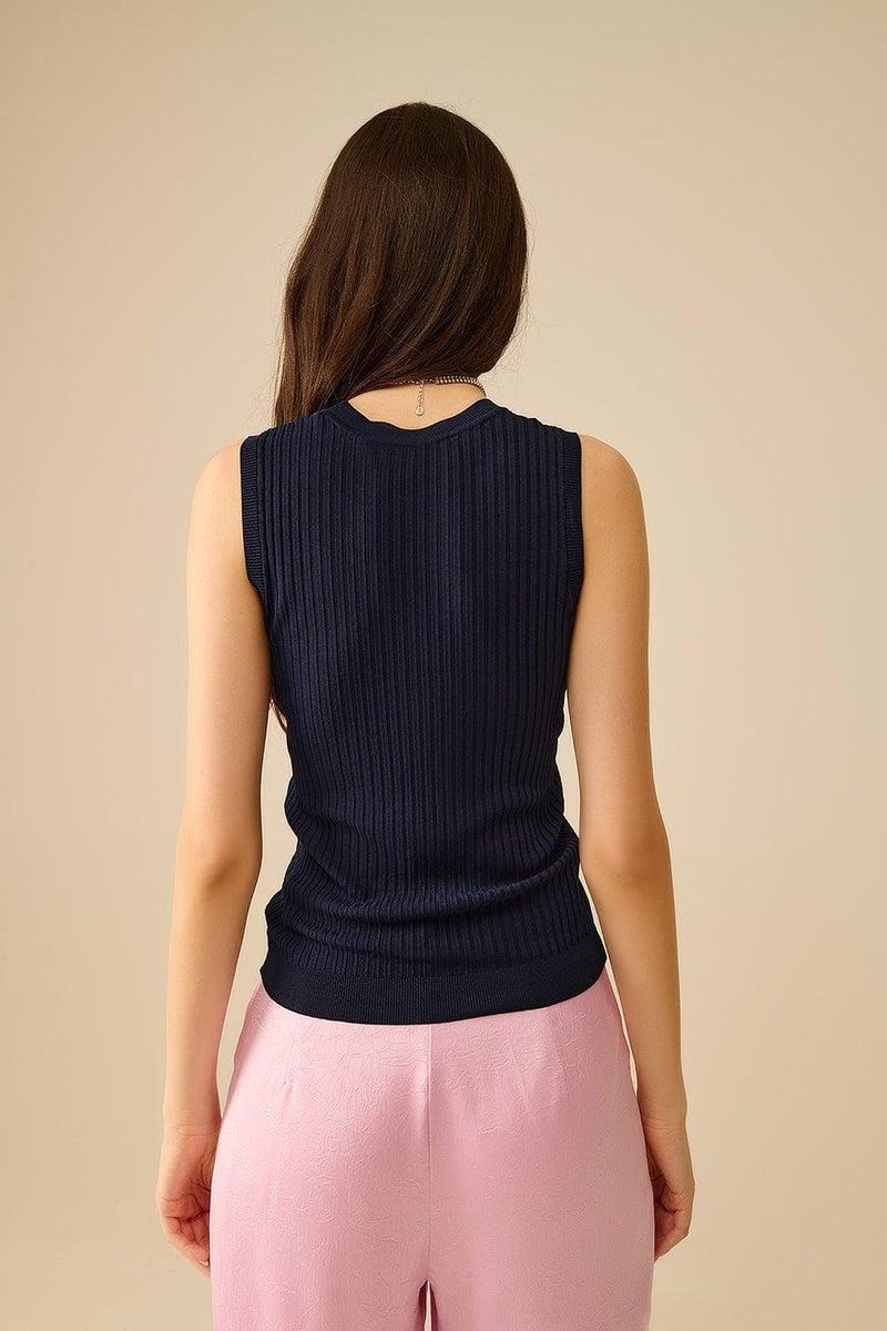 Q2 Women's Sweater One Size / Blue Sleeveless Ribbed Knitted Top In Navy