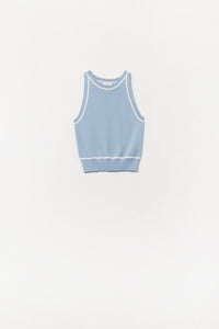 Q2 Women's Sweater One Size / Blue Sleeveless Sweater In Blue Featuring White Lines Detail