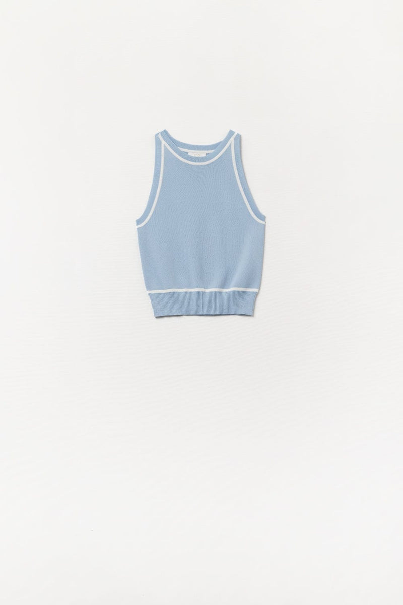 Q2 Women's Sweater One Size / Blue Sleeveless Sweater In Blue Featuring White Lines Detail