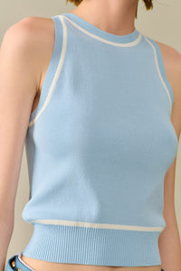 Q2 Women's Sweater One Size / Blue Sleeveless Sweater In Blue Featuring White Lines Detail