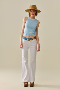 Q2 Women's Sweater One Size / Blue Sleeveless Sweater In Blue Featuring White Lines Detail