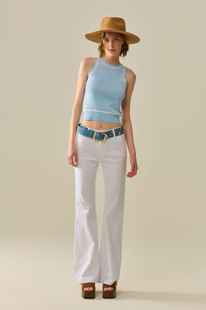Q2 Women's Sweater One Size / Blue Sleeveless Sweater In Blue Featuring White Lines Detail