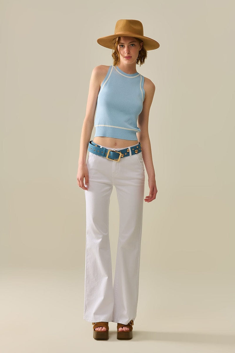 Q2 Women's Sweater One Size / Blue Sleeveless Sweater In Blue Featuring White Lines Detail