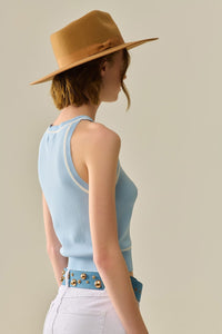 Q2 Women's Sweater One Size / Blue Sleeveless Sweater In Blue Featuring White Lines Detail