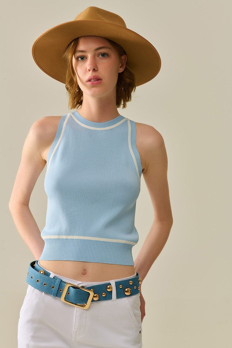 Q2 Women's Sweater One Size / Blue Sleeveless Sweater In Blue Featuring White Lines Detail