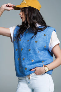 Q2 Women's Sweater One Size / Blue Sleeveless Sweater In Blue With Silver Sequin Hearts