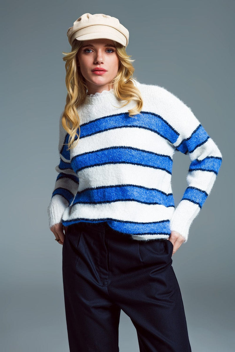 Q2 Women's Sweater One Size / Blue Soft White Sweater With Blue Stripes