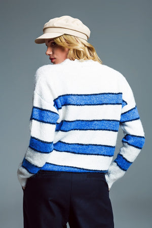 Q2 Women's Sweater One Size / Blue Soft White Sweater With Blue Stripes