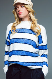 Q2 Women's Sweater One Size / Blue Soft White Sweater With Blue Stripes