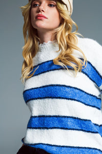 Q2 Women's Sweater One Size / Blue Soft White Sweater With Blue Stripes