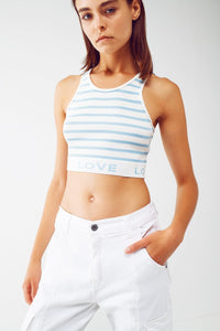 Q2 Women's Sweater One Size / Blue Striped Cropped Top With Love Text In Blue