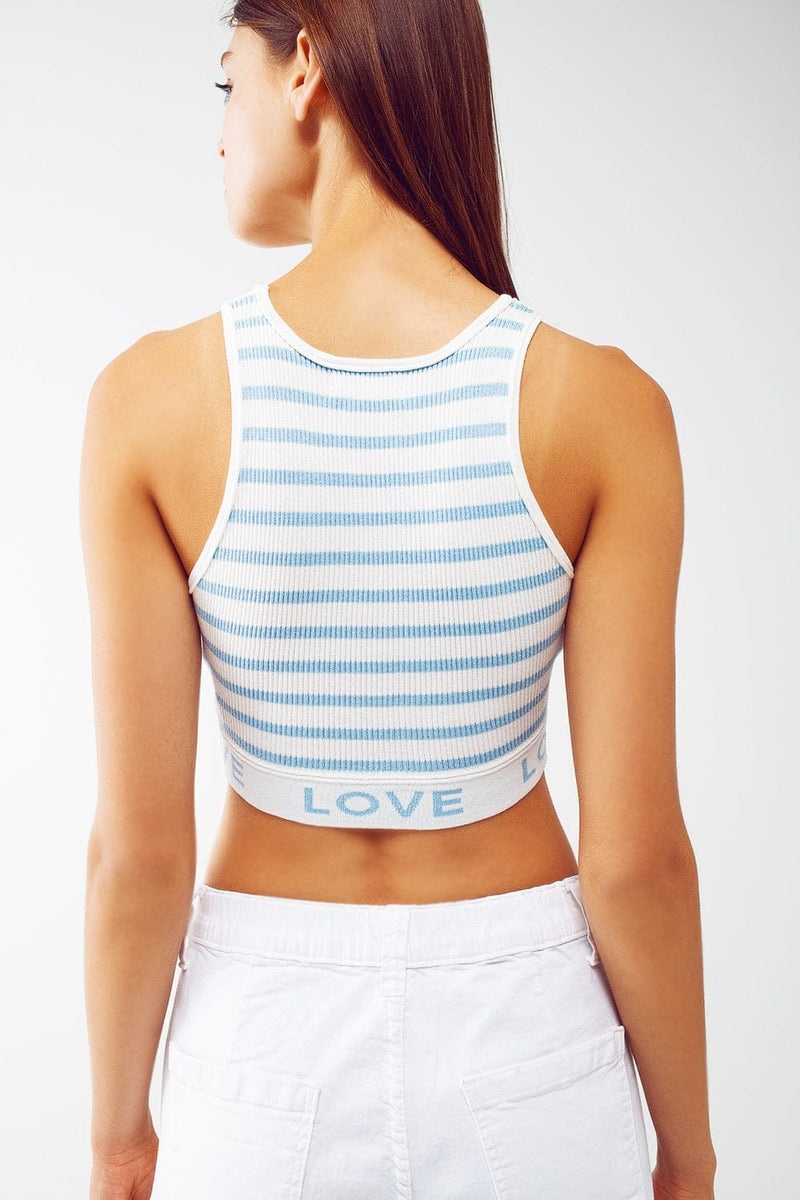 Q2 Women's Sweater One Size / Blue Striped Cropped Top With Love Text In Blue