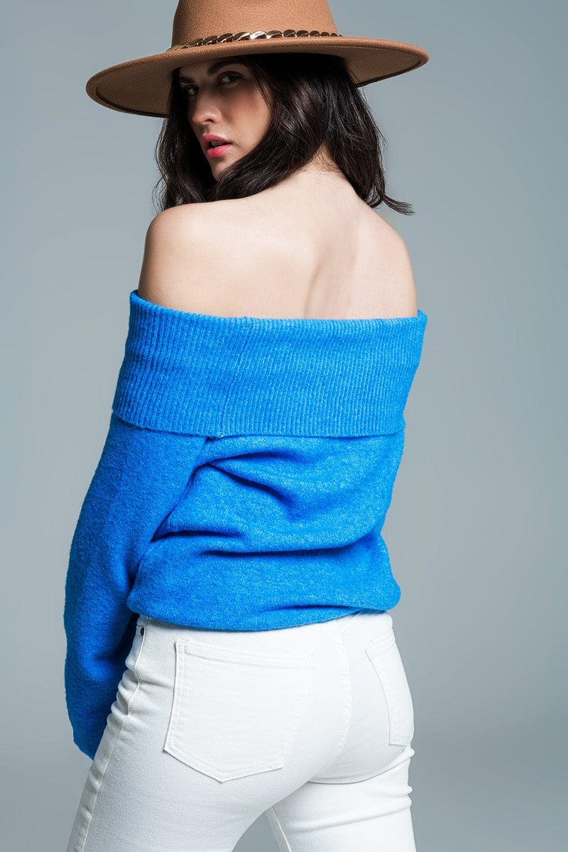Q2 Women's Sweater One Size / Blue Super Soft Relaxed Blue Sweater With Boat Neckline
