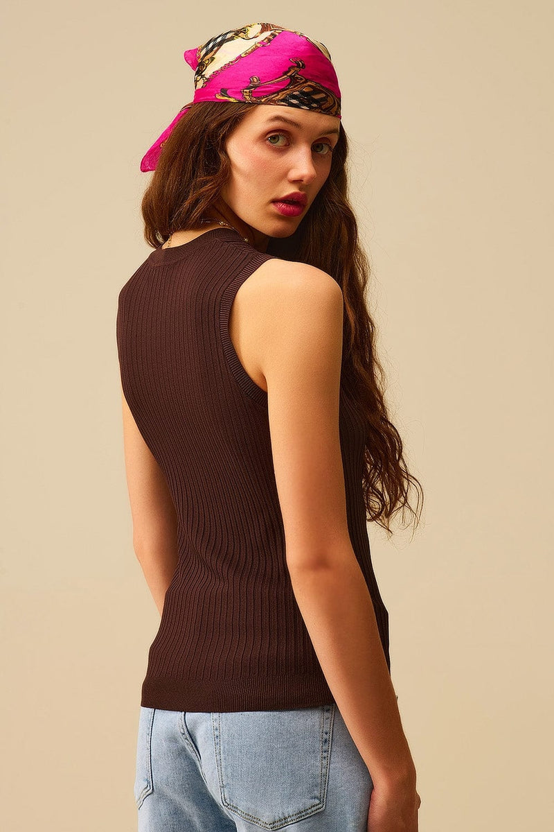 Q2 Women's Sweater One Size / Brown Brown Ribbed Sleeves Knit Top