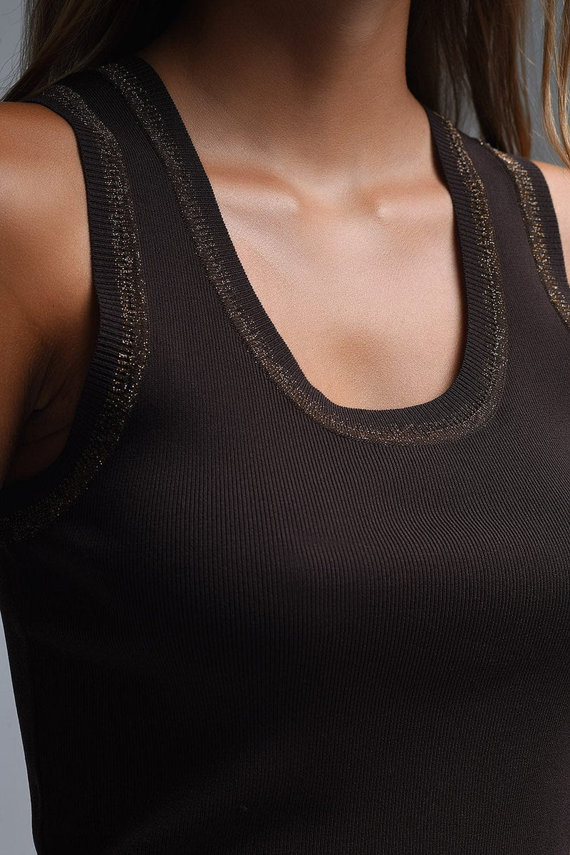 Q2 Women's Sweater One Size / Brown Brown Sleeveless Knit Top With Metallic Trim