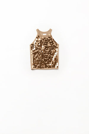 Q2 Women's Sweater One Size / Brown Camel Knit Top With Sequin Detail