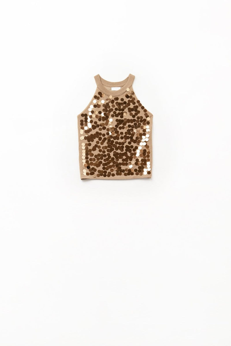 Q2 Women's Sweater One Size / Brown Camel Knit Top With Sequin Detail