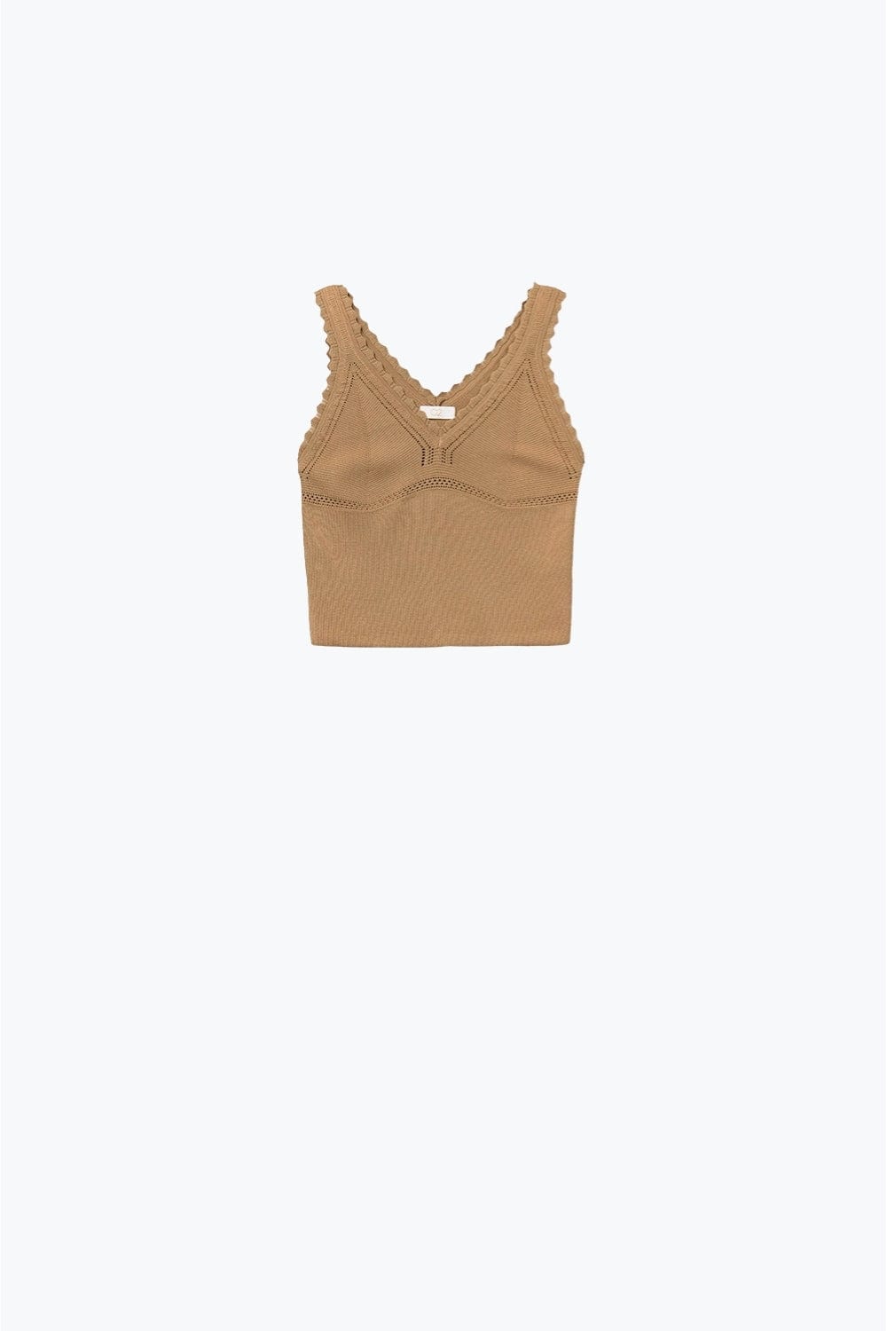 Q2 Women's Sweater One Size / Brown Camel Ribbed Knit Top With Scalloped V-Neck
