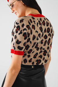 Q2 Women's Sweater One Size / Brown Cozy Panther Print Sweater Shirt With Red Edges