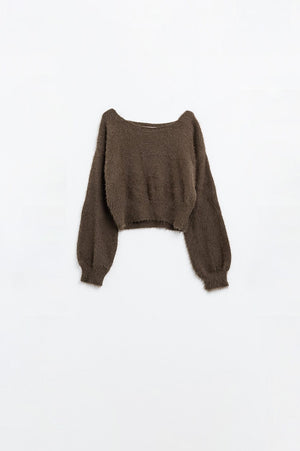 Q2 Women's Sweater One Size / Brown Cropped Fluffy Sweater In Brown Fitted At The Waist