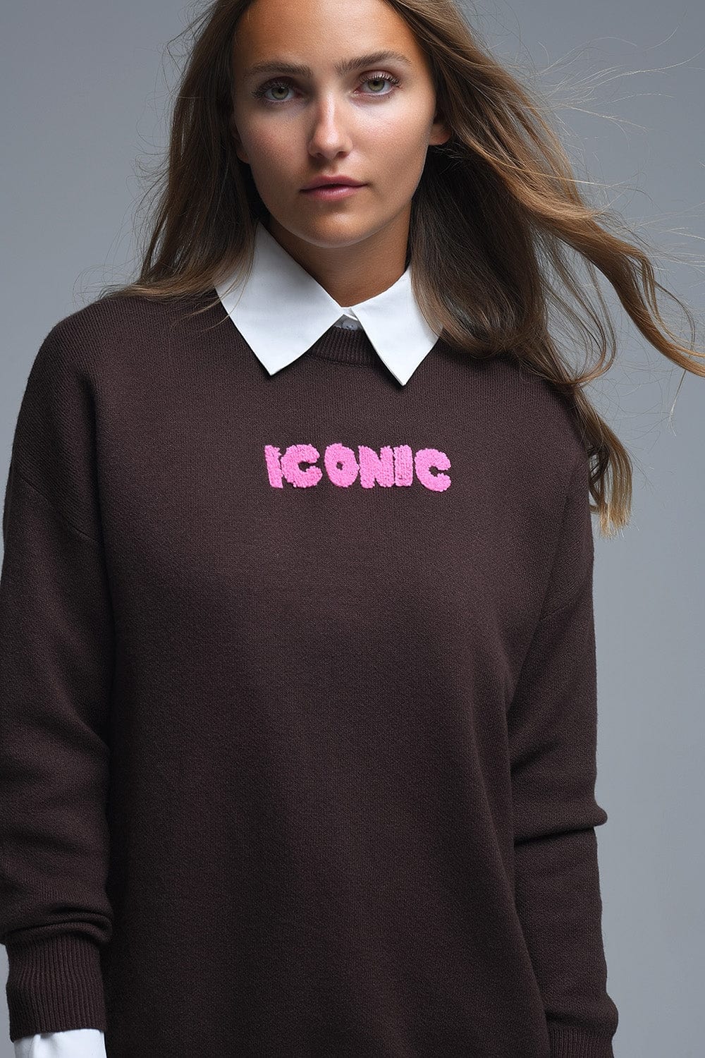 Q2 Women's Sweater One Size / Brown Embroidered Iconic Sweater With Global Tour Back Print