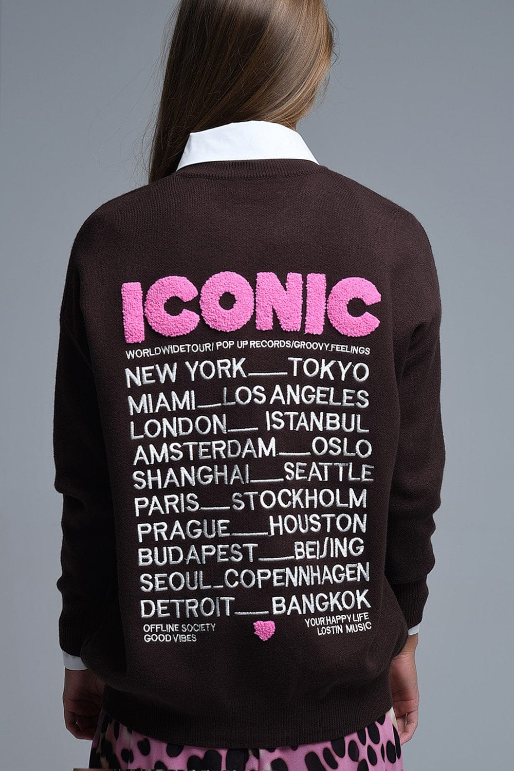 Q2 Women's Sweater One Size / Brown Embroidered Iconic Sweater With Global Tour Back Print