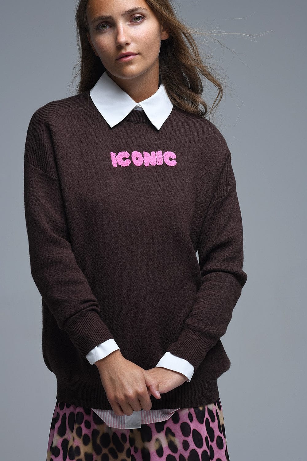 Q2 Women's Sweater One Size / Brown Embroidered Iconic Sweater With Global Tour Back Print