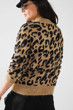 Q2 Women's Sweater One Size / Brown Leopard Knit Sweater With Buttons On The Side