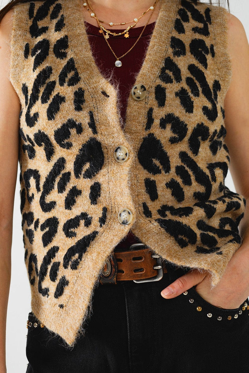 Q2 Women's Sweater One Size / Brown Leopard Print Knitted Vest