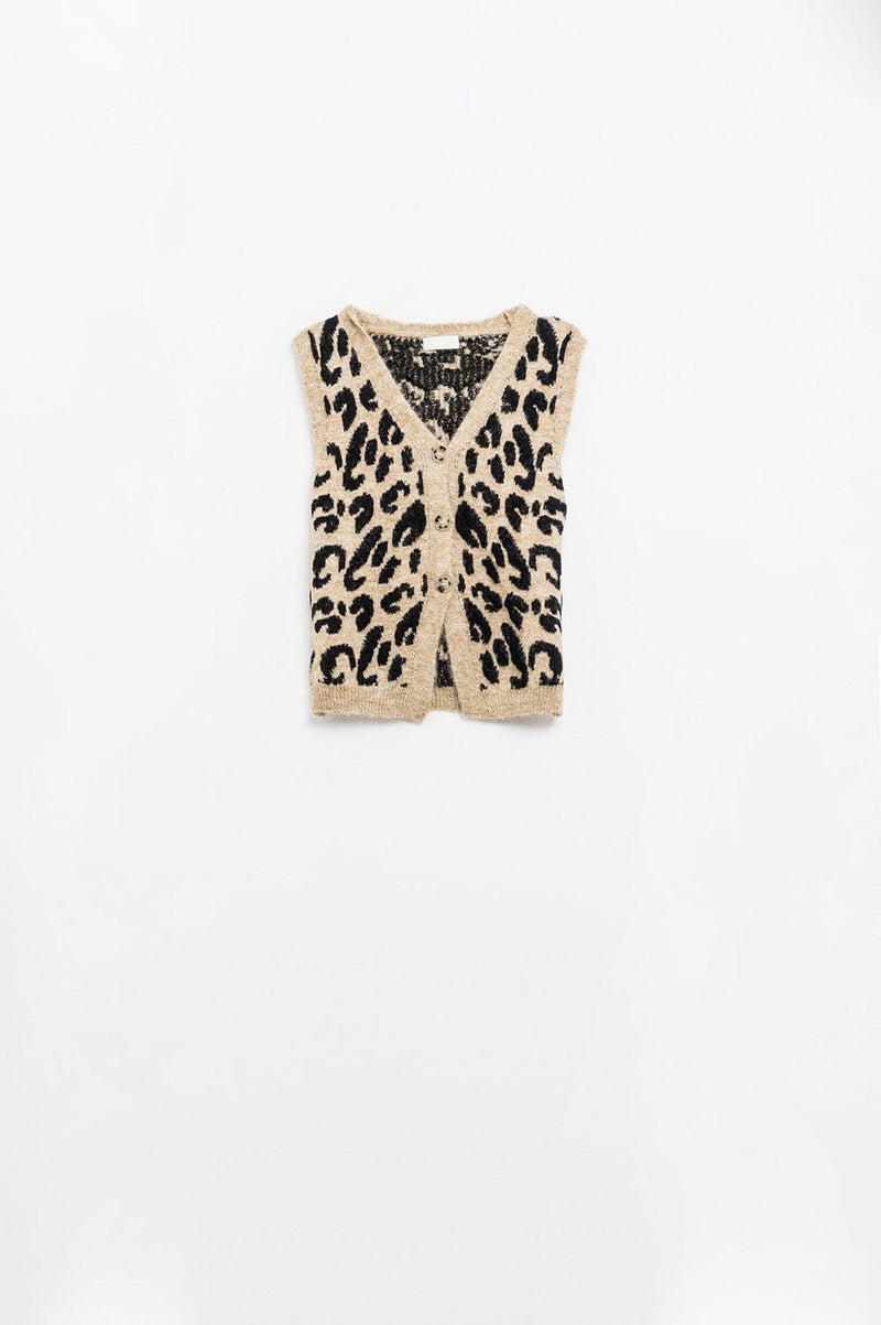 Q2 Women's Sweater One Size / Brown Leopard Print Knitted Vest