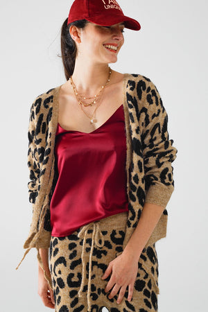 Q2 Women's Sweater One Size / Brown Leopard Printed Long Sleeve Cardigan With Bows Detail