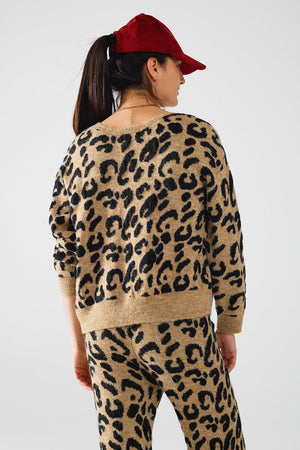 Q2 Women's Sweater One Size / Brown Leopard Printed Long Sleeve Cardigan With Bows Detail