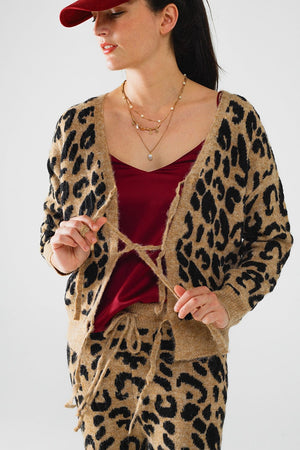 Q2 Women's Sweater One Size / Brown Leopard Printed Long Sleeve Cardigan With Bows Detail