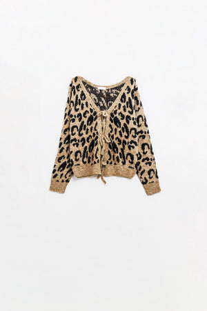 Q2 Women's Sweater One Size / Brown Leopard Printed Long Sleeve Cardigan With Bows Detail