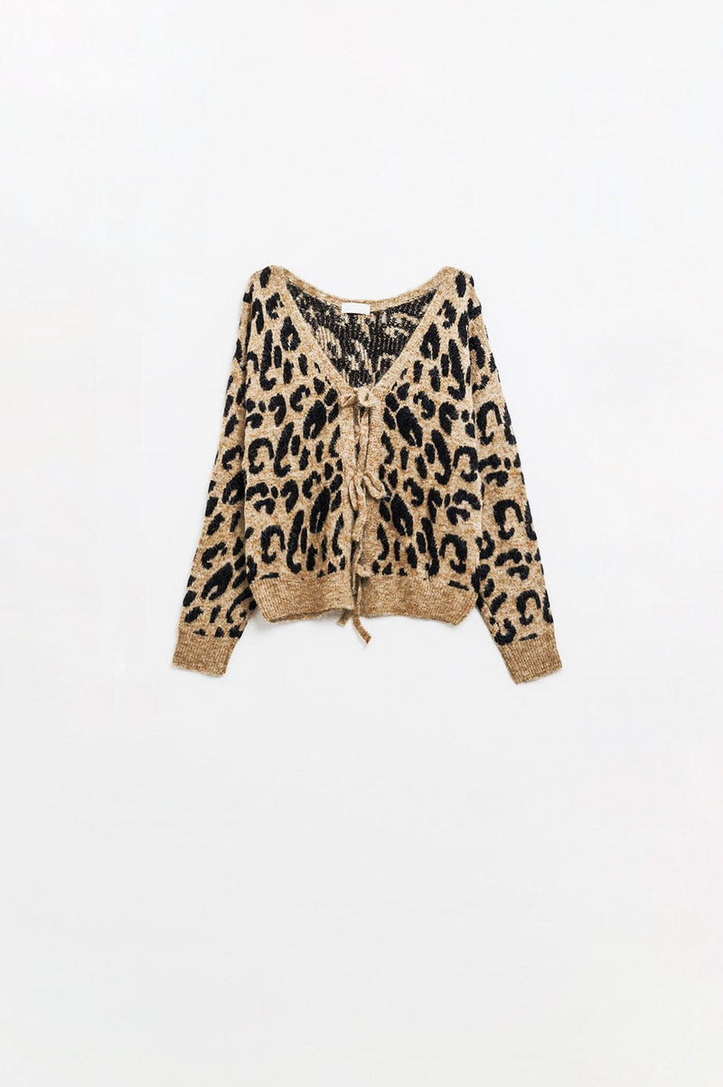 Q2 Women's Sweater One Size / Brown Leopard Printed Long Sleeve Cardigan With Bows Detail