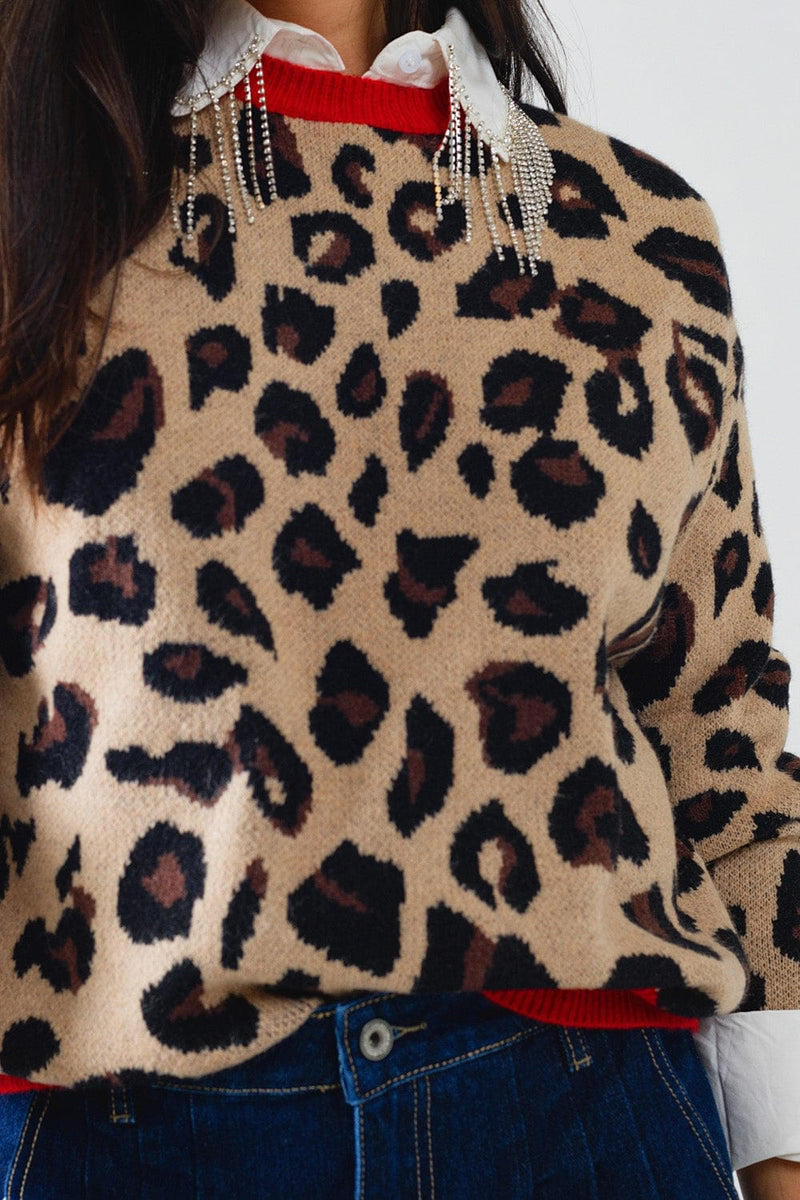 Q2 Women's Sweater One Size / Brown Leopard Sweater With Red Detail On The Neck And Sleeves