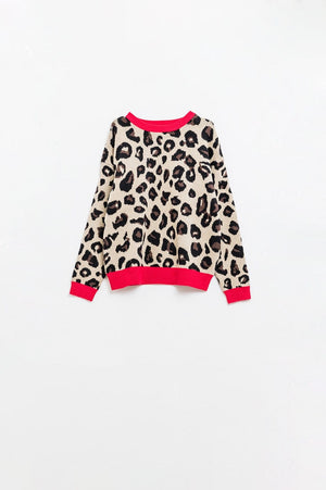 Q2 Women's Sweater One Size / Brown Leopard Sweater With Red Detail On The Neck And Sleeves