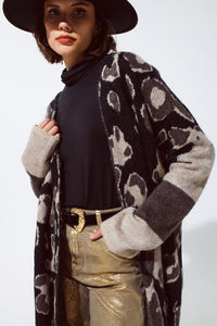 Q2 Women's Sweater One Size / Brown Long Open Cardigan With Cheetah Print And Fringe In Black And Grey