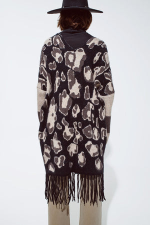 Q2 Women's Sweater One Size / Brown Long Open Cardigan With Cheetah Print And Fringe In Black And Grey